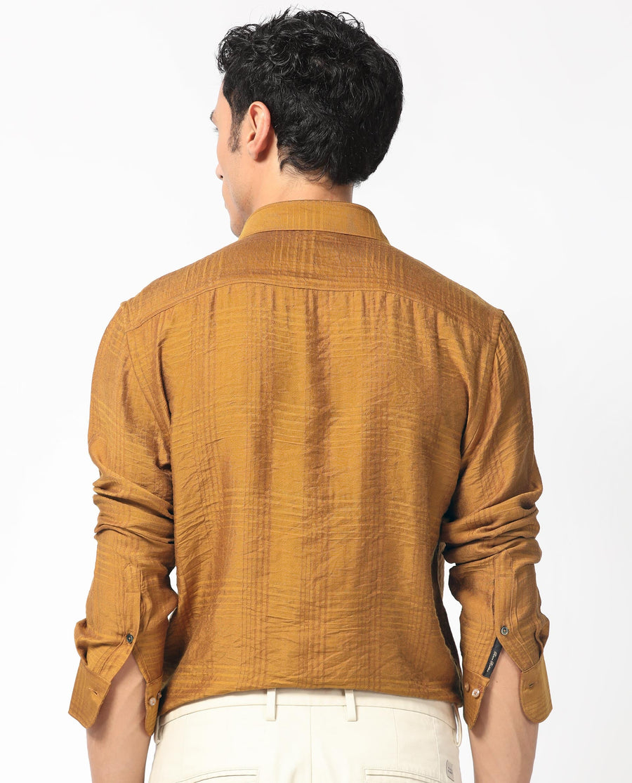 Rare Rabbit Men's Vagen Mustard Viscose Checked Print Regular Fit Full Sleeve Collared Shirt