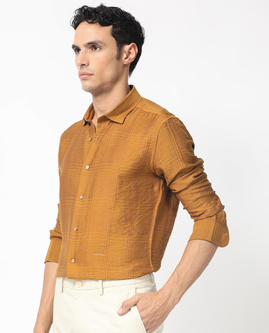 Rare Rabbit Men's Vagen Mustard Viscose Checked Print Regular Fit Full Sleeve Collared Shirt
