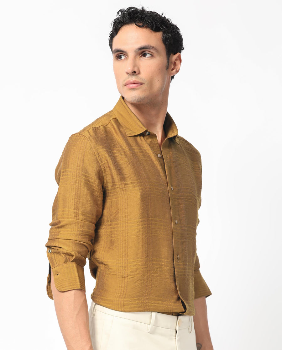 Rare Rabbit Men's Vagen Mustard Viscose Checked Print Regular Fit Full Sleeve Collared Shirt