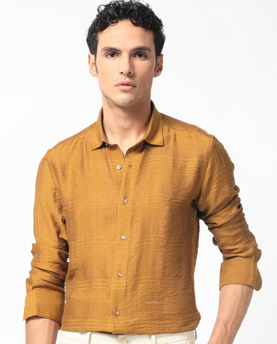 Rare Rabbit Men's Vagen Mustard Viscose Checked Print Regular Fit Full Sleeve Collared Shirt