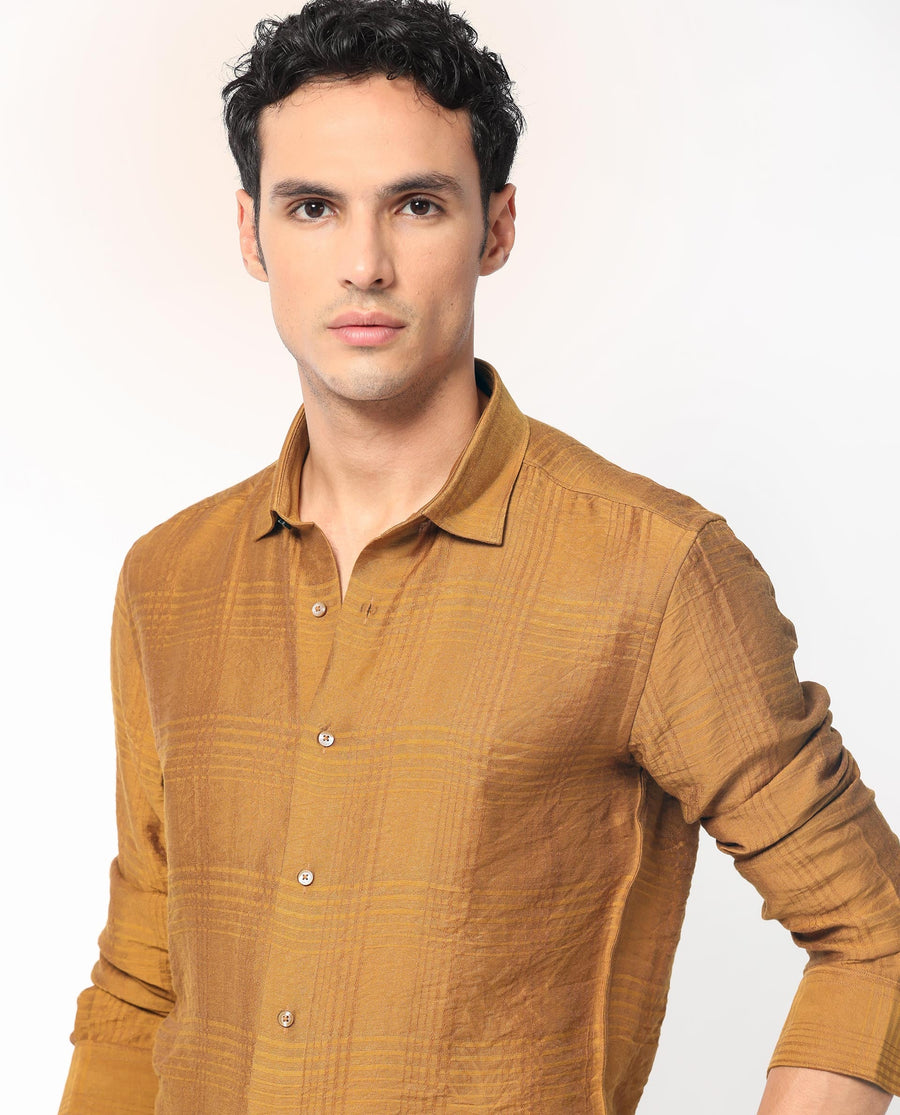 Rare Rabbit Men's Vagen Mustard Viscose Checked Print Regular Fit Full Sleeve Collared Shirt