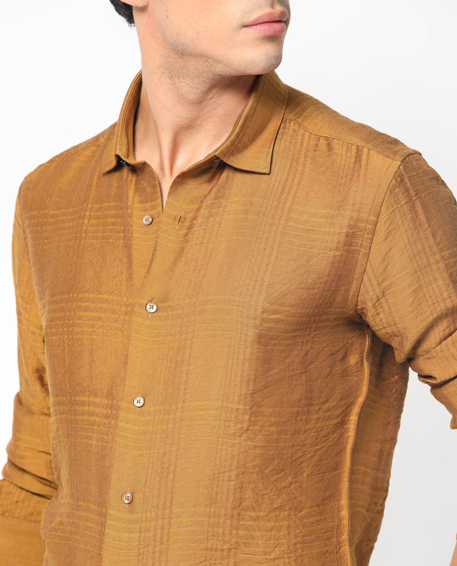Rare Rabbit Men's Vagen Mustard Viscose Checked Print Regular Fit Full Sleeve Collared Shirt