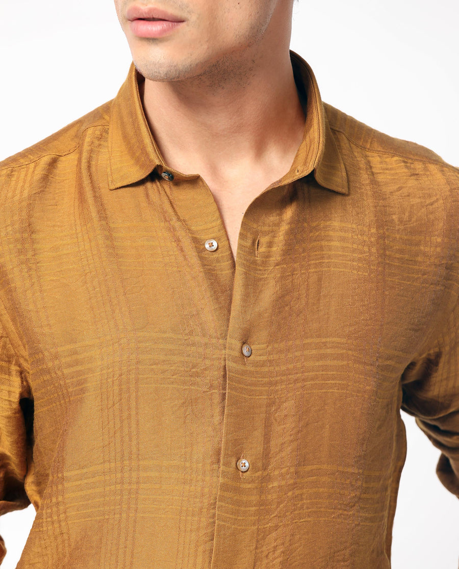 Rare Rabbit Men's Vagen Mustard Viscose Checked Print Regular Fit Full Sleeve Collared Shirt