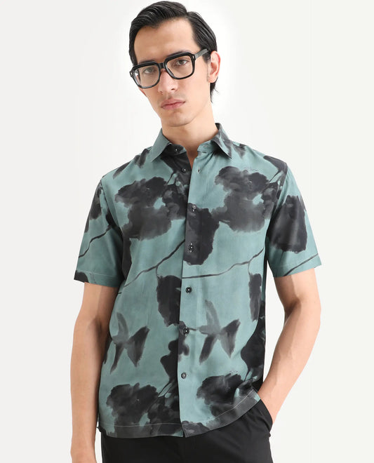 Rare Rabbit Men's Vale Dusky Green Viscose Fabric Full Sleeve Spread Collar Regular Fit Abstract Print Shirt
