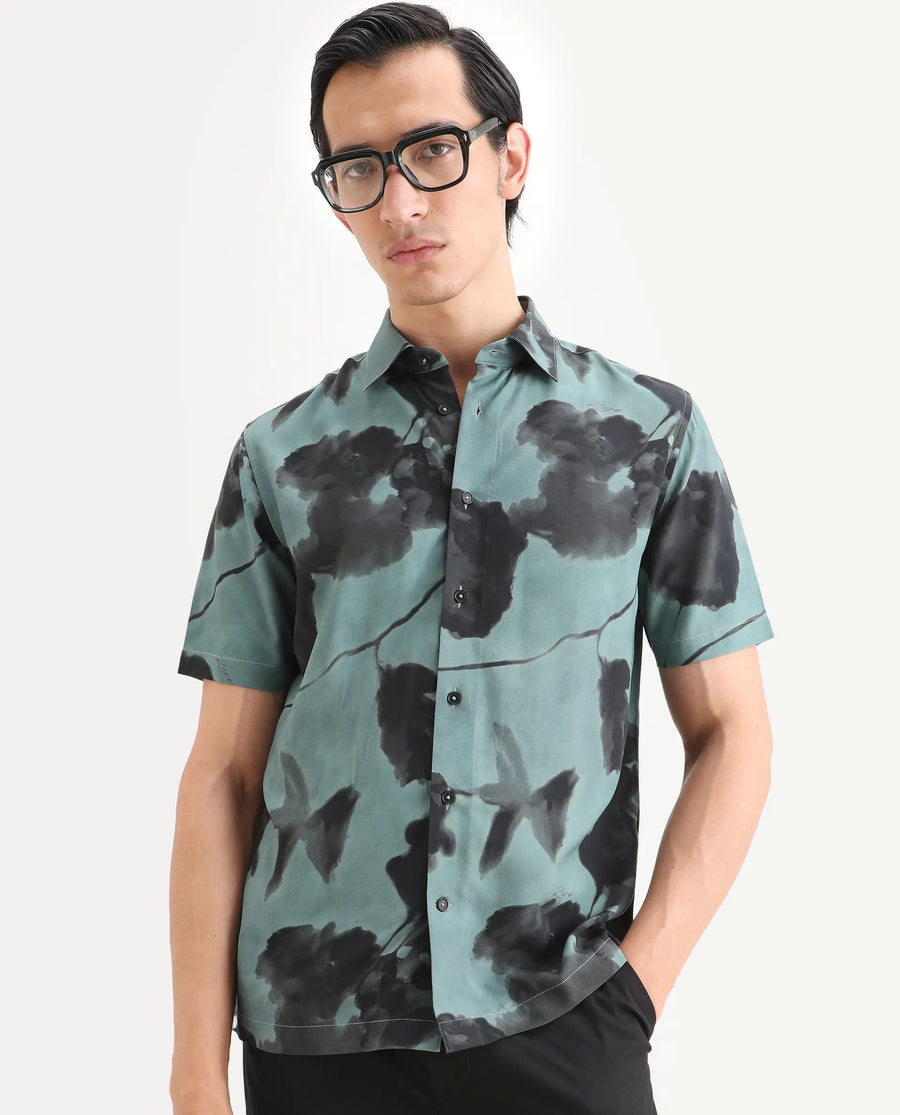 Rare Rabbit Men's Vale Dusky Green Viscose Fabric Full Sleeve Spread Collar Regular Fit Abstract Print Shirt