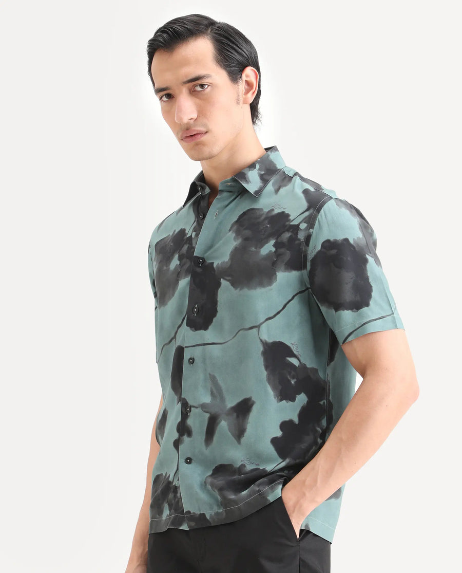 Rare Rabbit Men's Vale Dusky Green Viscose Fabric Full Sleeve Spread Collar Regular Fit Abstract Print Shirt