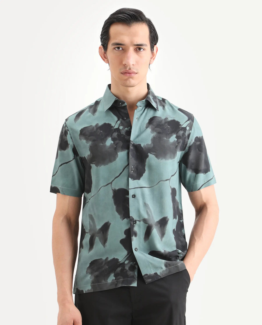 Rare Rabbit Men's Vale Dusky Green Viscose Fabric Full Sleeve Spread Collar Regular Fit Abstract Print Shirt