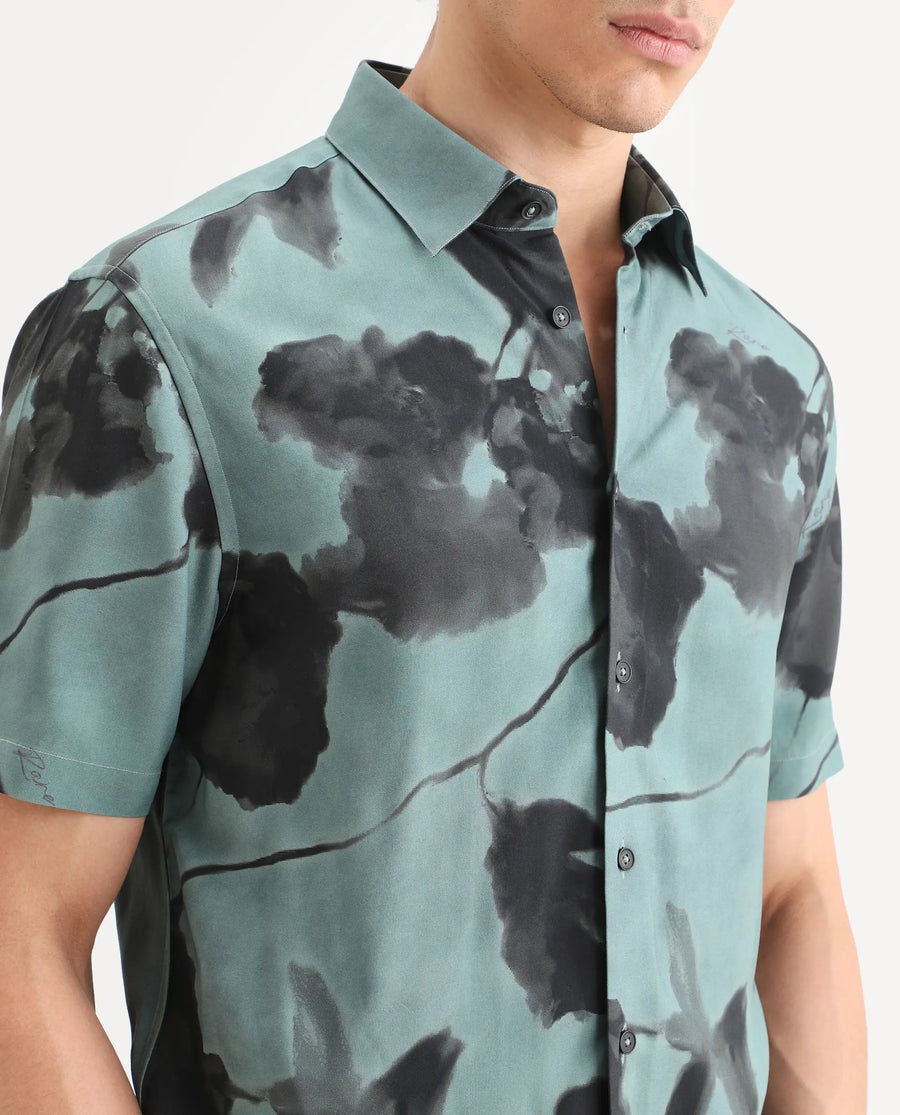 Rare Rabbit Men's Vale Dusky Green Viscose Fabric Full Sleeve Spread Collar Regular Fit Abstract Print Shirt
