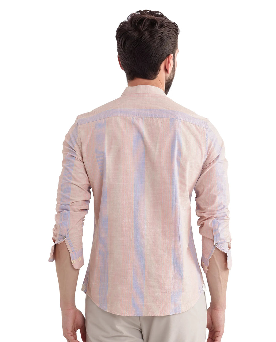 Rare Rabbit Men's Vale Light Orange Cotton Striped Print Regular Fit Full Sleeve Mandarin Collar Shirt