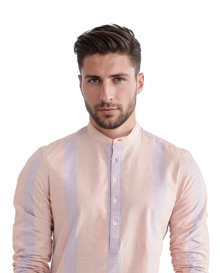 Rare Rabbit Men's Vale Light Orange Cotton Striped Print Regular Fit Full Sleeve Mandarin Collar Shirt