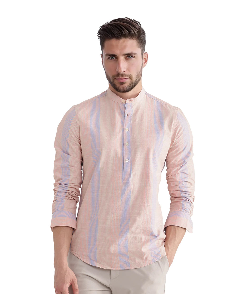 Rare Rabbit Men's Vale Light Orange Cotton Striped Print Regular Fit Full Sleeve Mandarin Collar Shirt
