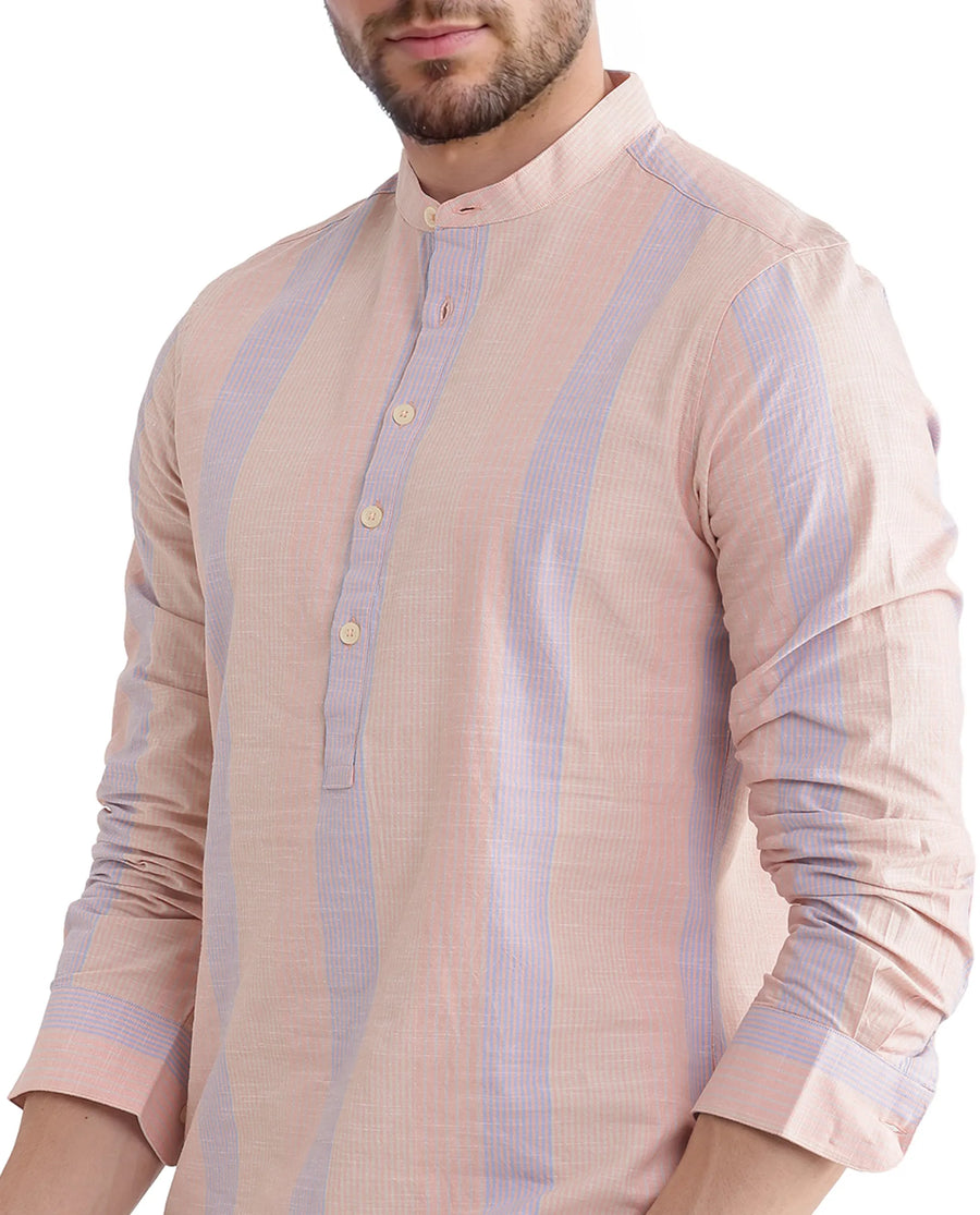Rare Rabbit Men's Vale Light Orange Cotton Striped Print Regular Fit Full Sleeve Mandarin Collar Shirt