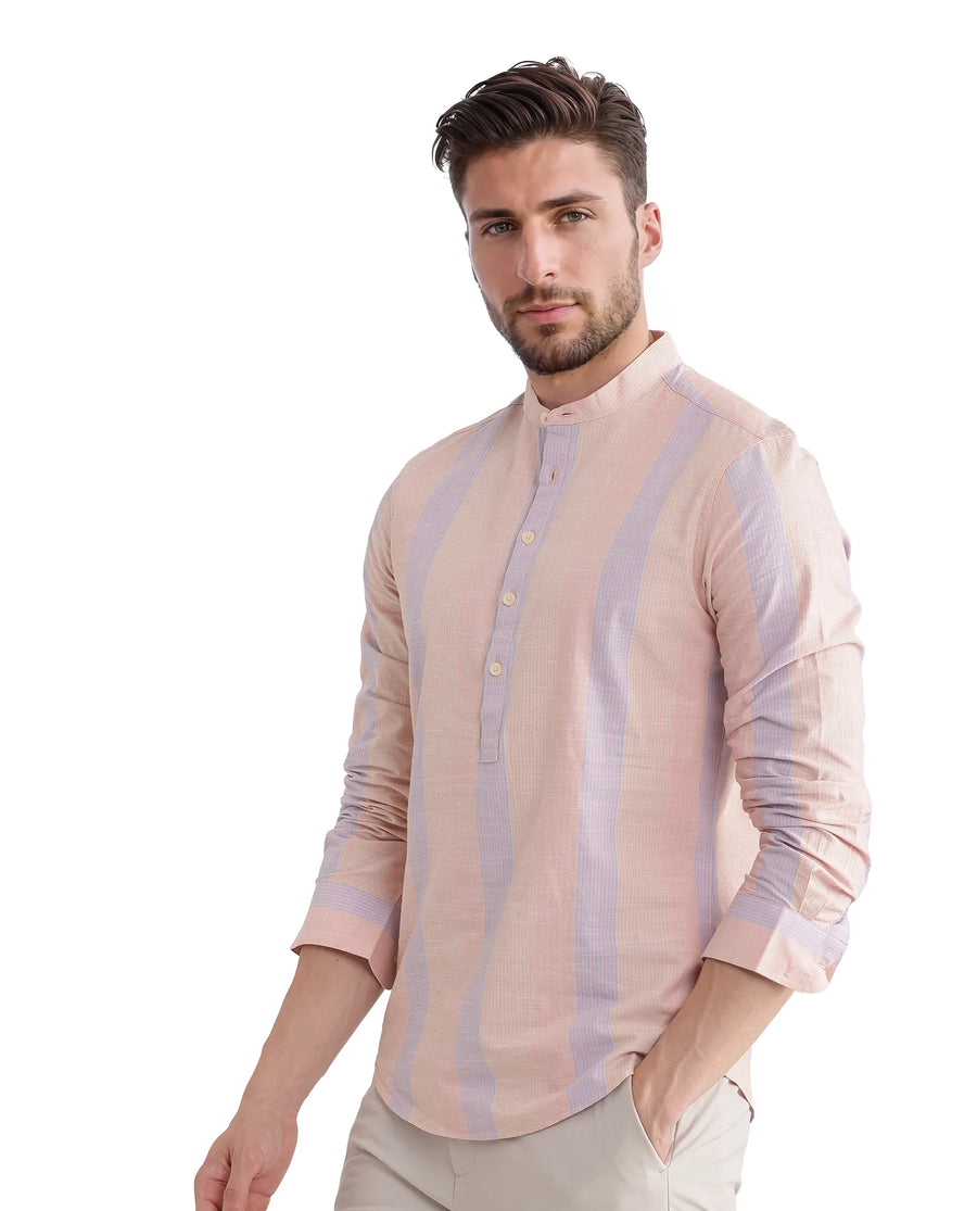 Rare Rabbit Men's Vale Light Orange Cotton Striped Print Regular Fit Full Sleeve Mandarin Collar Shirt