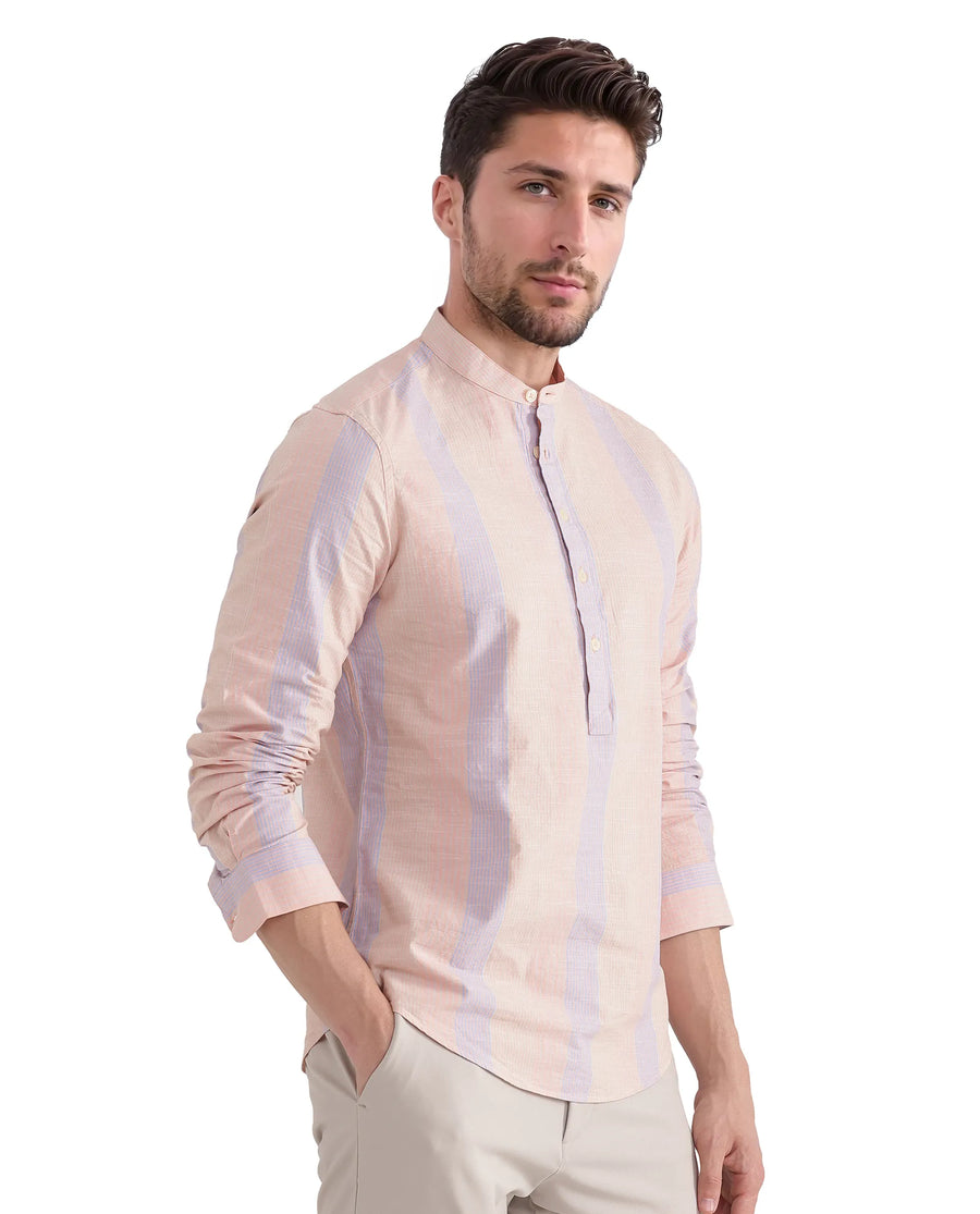 Rare Rabbit Men's Vale Light Orange Cotton Striped Print Regular Fit Full Sleeve Mandarin Collar Shirt