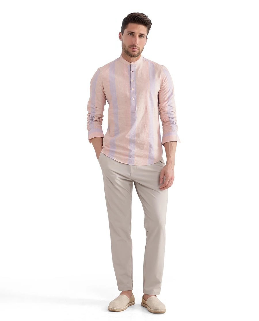 Rare Rabbit Men's Vale Light Orange Cotton Striped Print Regular Fit Full Sleeve Mandarin Collar Shirt