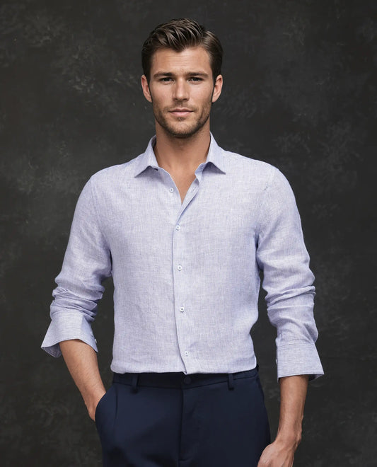 Rare Rabbit Men's Valt Light Blue Linen Blend Plain Regular Fit Full Sleeve Collared Shirt