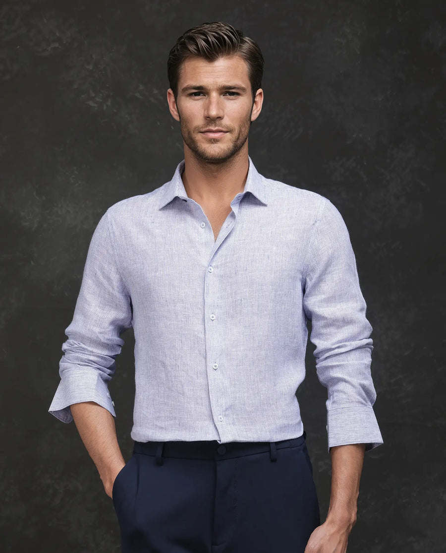 Rare Rabbit Men's Valt Light Blue Linen Blend Plain Regular Fit Full Sleeve Collared Shirt
