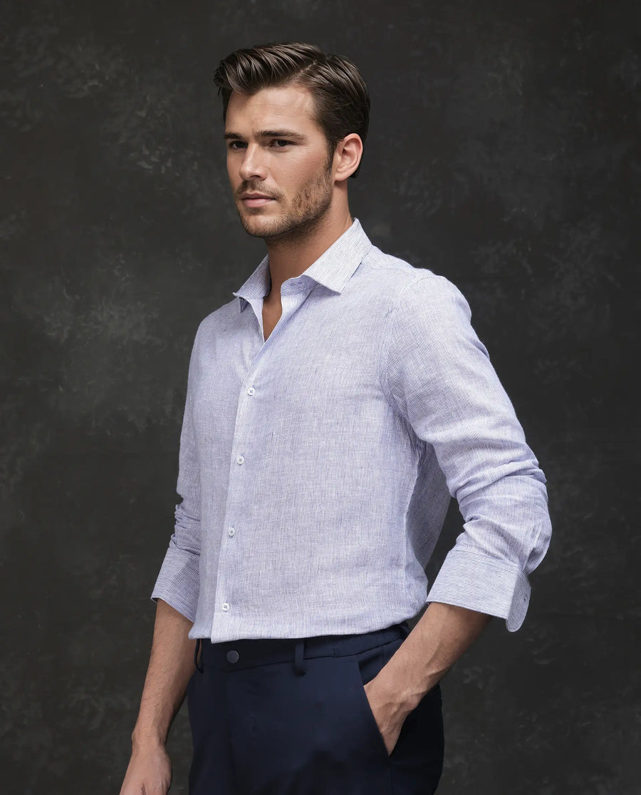 Rare Rabbit Men's Valt Light Blue Linen Blend Plain Regular Fit Full Sleeve Collared Shirt