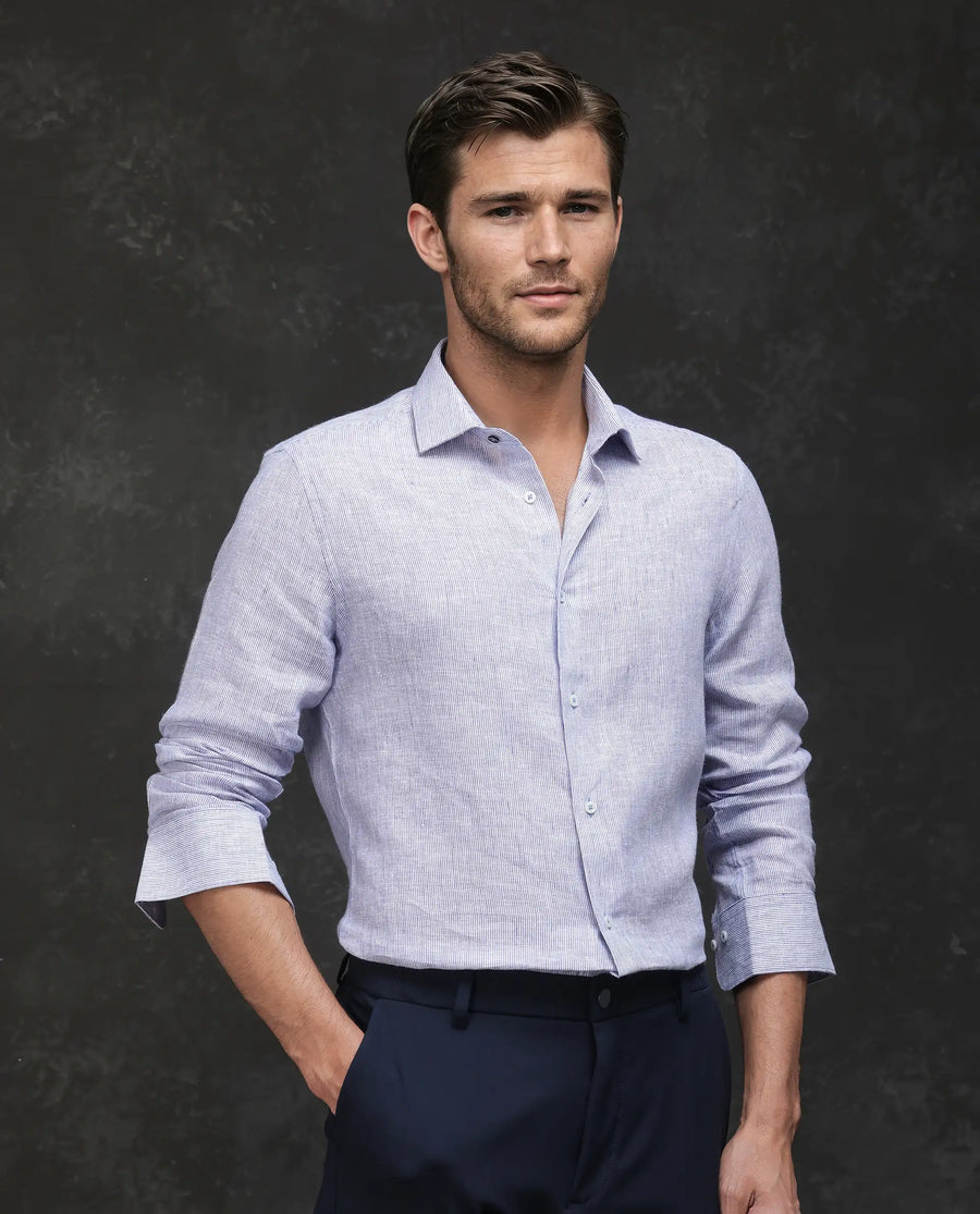 Rare Rabbit Men's Valt Light Blue Linen Blend Plain Regular Fit Full Sleeve Collared Shirt