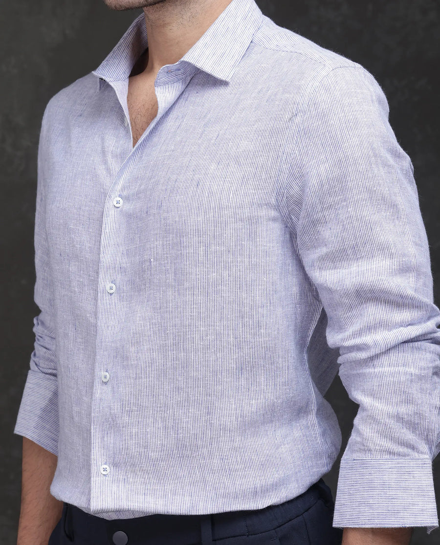 Rare Rabbit Men's Valt Light Blue Linen Blend Plain Regular Fit Full Sleeve Collared Shirt