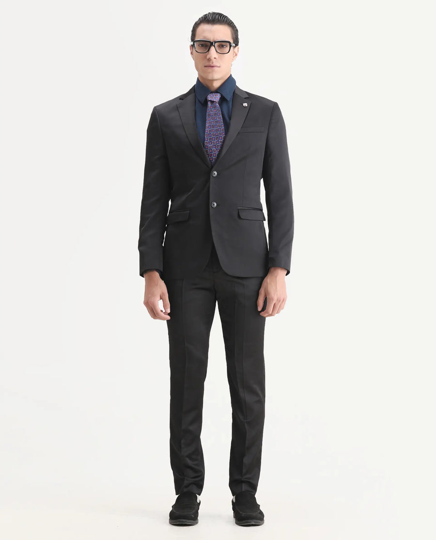 Rare Rabbit Men's Vance Black Satin Plain Tailored Fit Full Sleeve Lapel Neck Suits