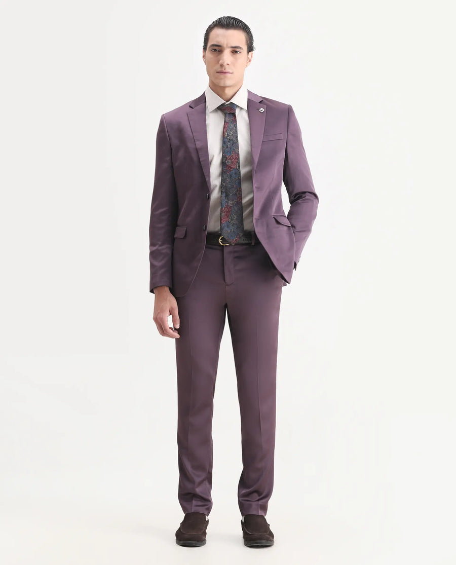 Rare Rabbit Men's Vance Dark Purple Satin Plain Tailored Fit Full Sleeve Lapel Neck Suits
