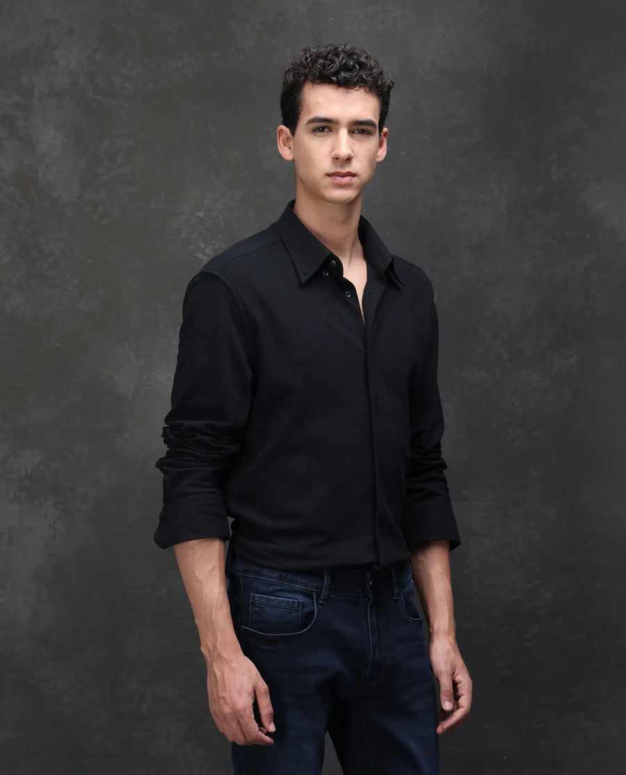 Rare Rabbit Men's Vane-25 Black Cotton Plain Regular Fit Full Sleeve Button-Down Collar Shirt