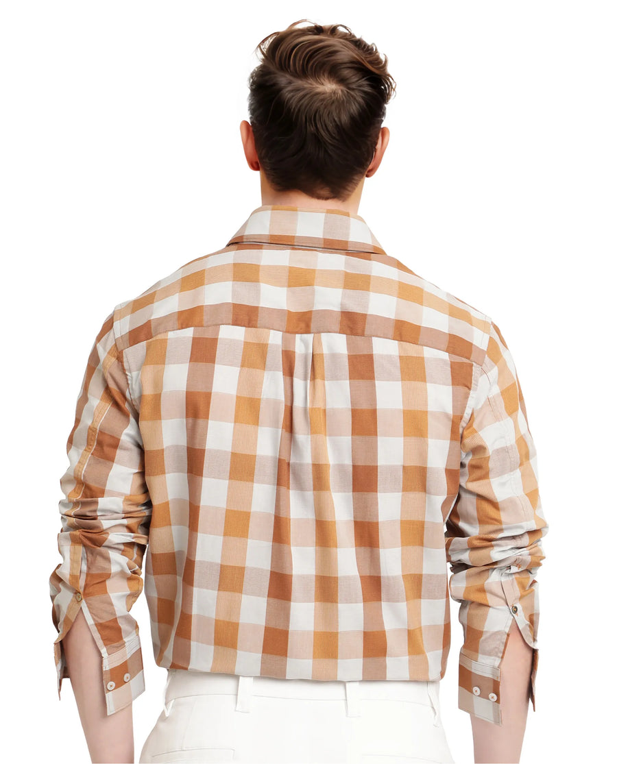 Rare Rabbit Men's Vanta Dusky Mustard Cotton Checked Print Regular Fit Full Sleeve Collared Shirt