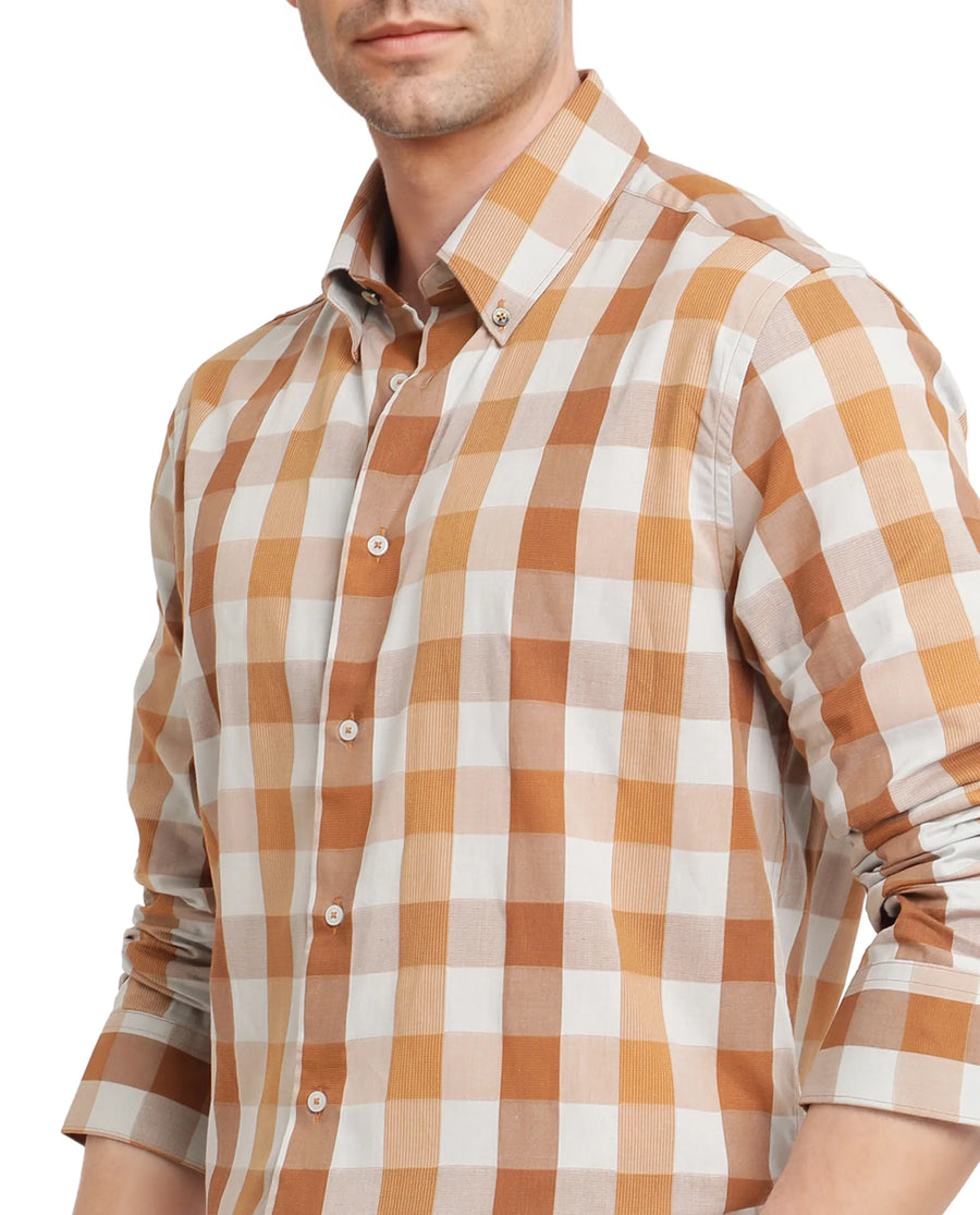 Rare Rabbit Men's Vanta Dusky Mustard Cotton Checked Print Regular Fit Full Sleeve Collared Shirt