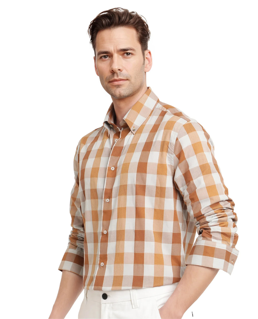 Rare Rabbit Men's Vanta Dusky Mustard Cotton Checked Print Regular Fit Full Sleeve Collared Shirt