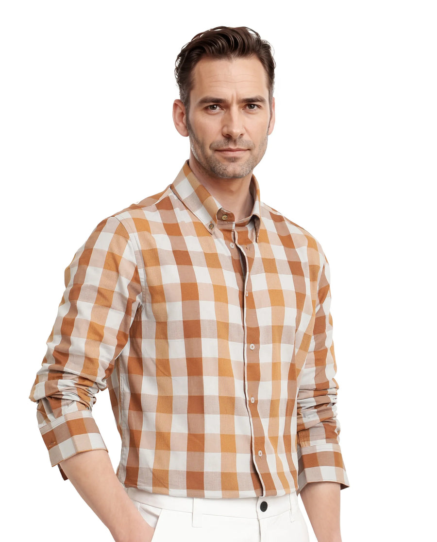 Rare Rabbit Men's Vanta Dusky Mustard Cotton Checked Print Regular Fit Full Sleeve Collared Shirt