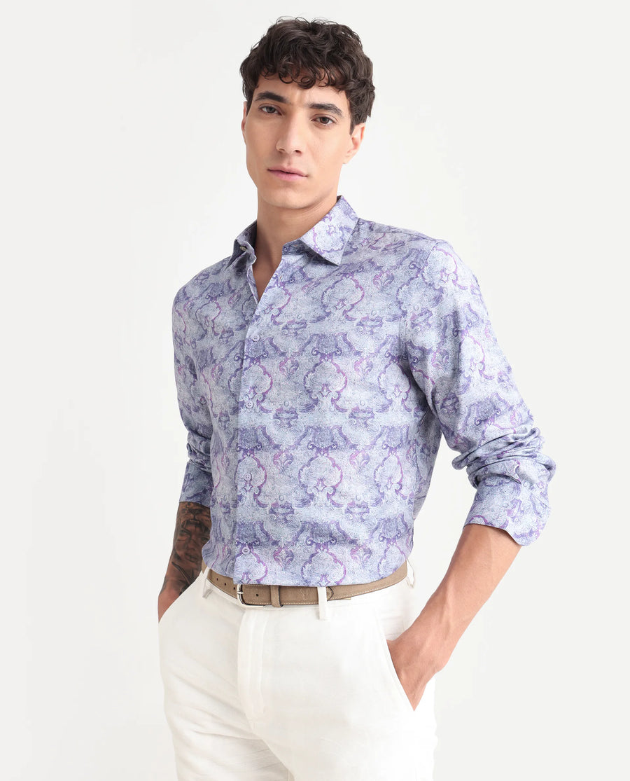Rare Rabbit Men's Vanto 2 Dusky Blue Cotton Blend Paisley Print Regular Fit Full Sleeve Collared Shirt