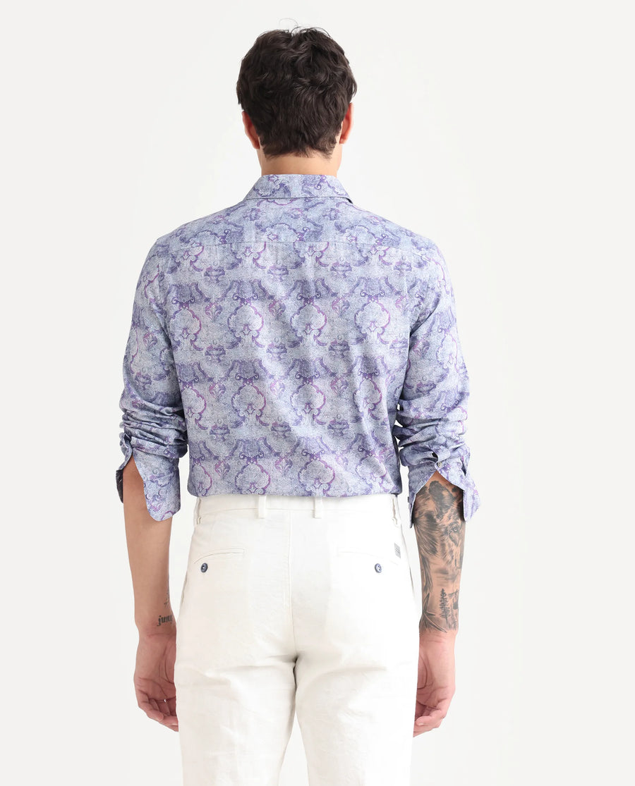 Rare Rabbit Men's Vanto 2 Dusky Blue Cotton Blend Paisley Print Regular Fit Full Sleeve Collared Shirt