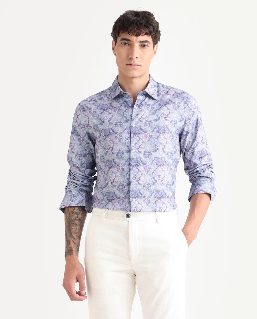 Rare Rabbit Men's Vanto 2 Dusky Blue Cotton Blend Paisley Print Regular Fit Full Sleeve Collared Shirt