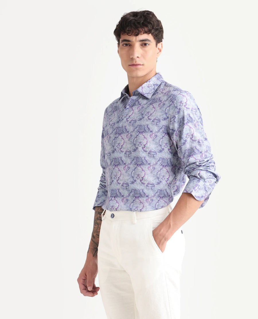 Rare Rabbit Men's Vanto 2 Dusky Blue Cotton Blend Paisley Print Regular Fit Full Sleeve Collared Shirt