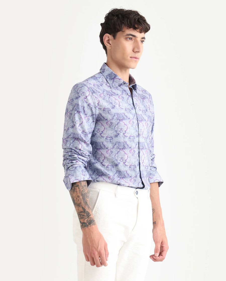 Rare Rabbit Men's Vanto 2 Dusky Blue Cotton Blend Paisley Print Regular Fit Full Sleeve Collared Shirt