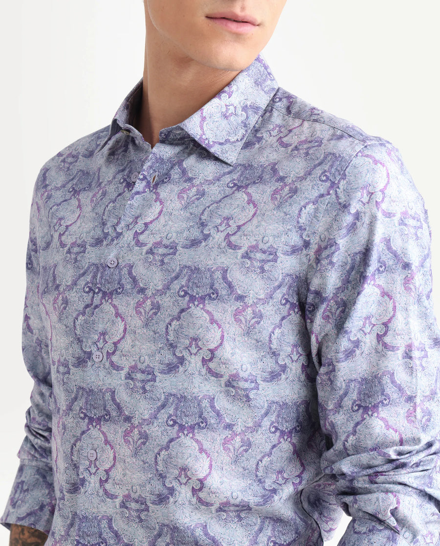 Rare Rabbit Men's Vanto 2 Dusky Blue Cotton Blend Paisley Print Regular Fit Full Sleeve Collared Shirt