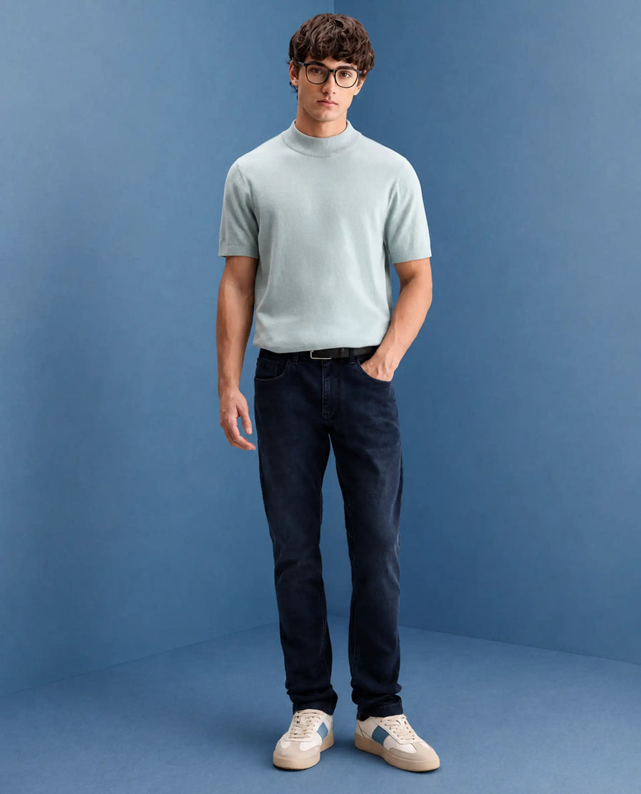 Rare Rabbit Men's Vark Dark Navy Cotton Blend Fabric Shank And Zipper Hawk Slim Plain Jeans