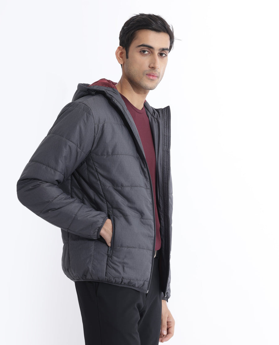 Rare Rabbit Men's Vasto Dark Grey Polyester Monogram Print Regular Fit Full Sleeve Hooded Jacket