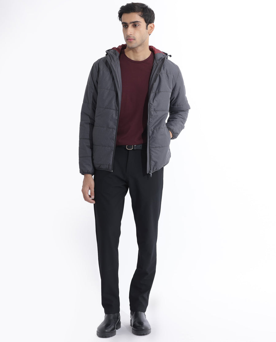 Rare Rabbit Men's Vasto Dark Grey Polyester Monogram Print Regular Fit Full Sleeve Hooded Jacket