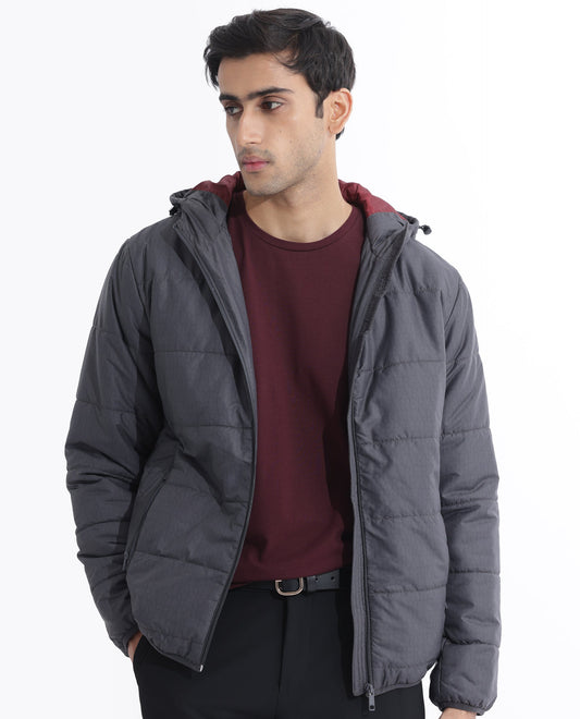 Rare Rabbit Men's Vasto Dark Grey Polyester Monogram Print Regular Fit Full Sleeve Hooded Jacket