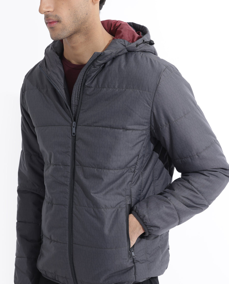 Rare Rabbit Men's Vasto Dark Grey Polyester Monogram Print Regular Fit Full Sleeve Hooded Jacket