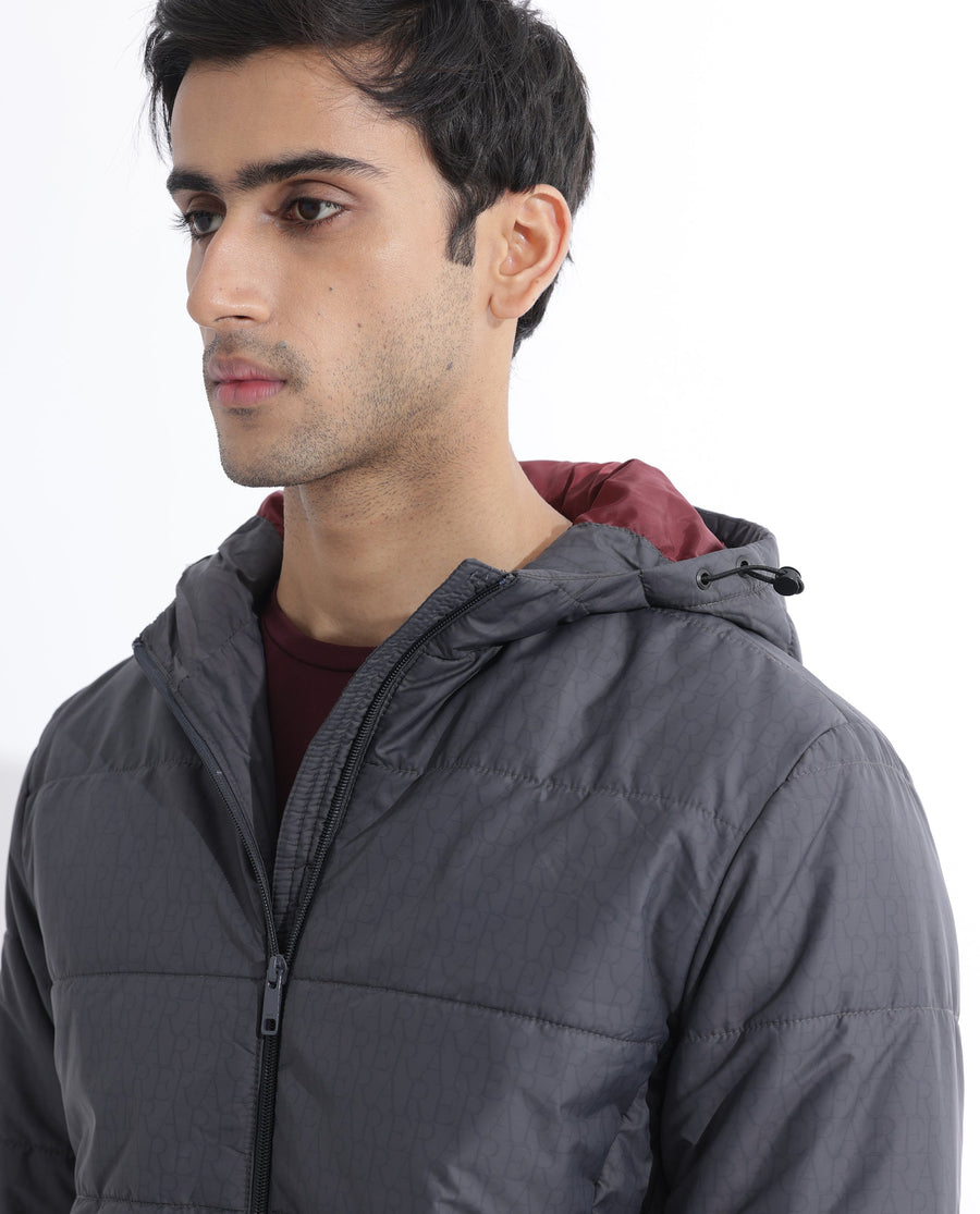 Rare Rabbit Men's Vasto Dark Grey Polyester Monogram Print Regular Fit Full Sleeve Hooded Jacket