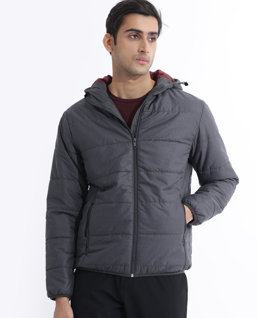 Rare Rabbit Men's Vasto Dark Grey Polyester Monogram Print Regular Fit Full Sleeve Hooded Jacket