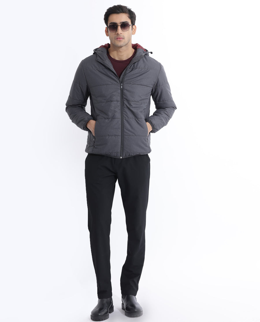 Rare Rabbit Men's Vasto Dark Grey Polyester Monogram Print Regular Fit Full Sleeve Hooded Jacket