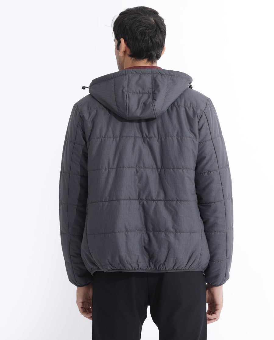 Rare Rabbit Men's Vasto Dark Grey Polyester Monogram Print Regular Fit Full Sleeve Hooded Jacket