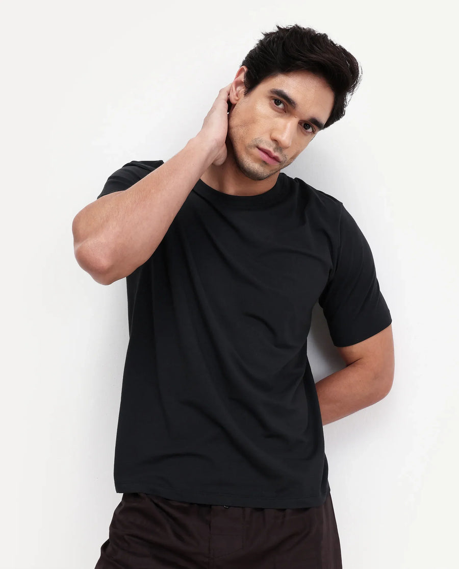 Rare Rabbit Men's Vaux Black Cotton Modal Spandex Half Sleeve Regular Fit Plain T-Shirt