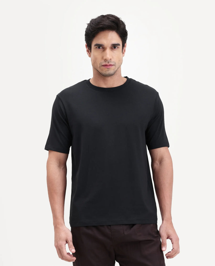 Rare Rabbit Men's Vaux Black Cotton Modal Spandex Half Sleeve Regular Fit Plain T-Shirt