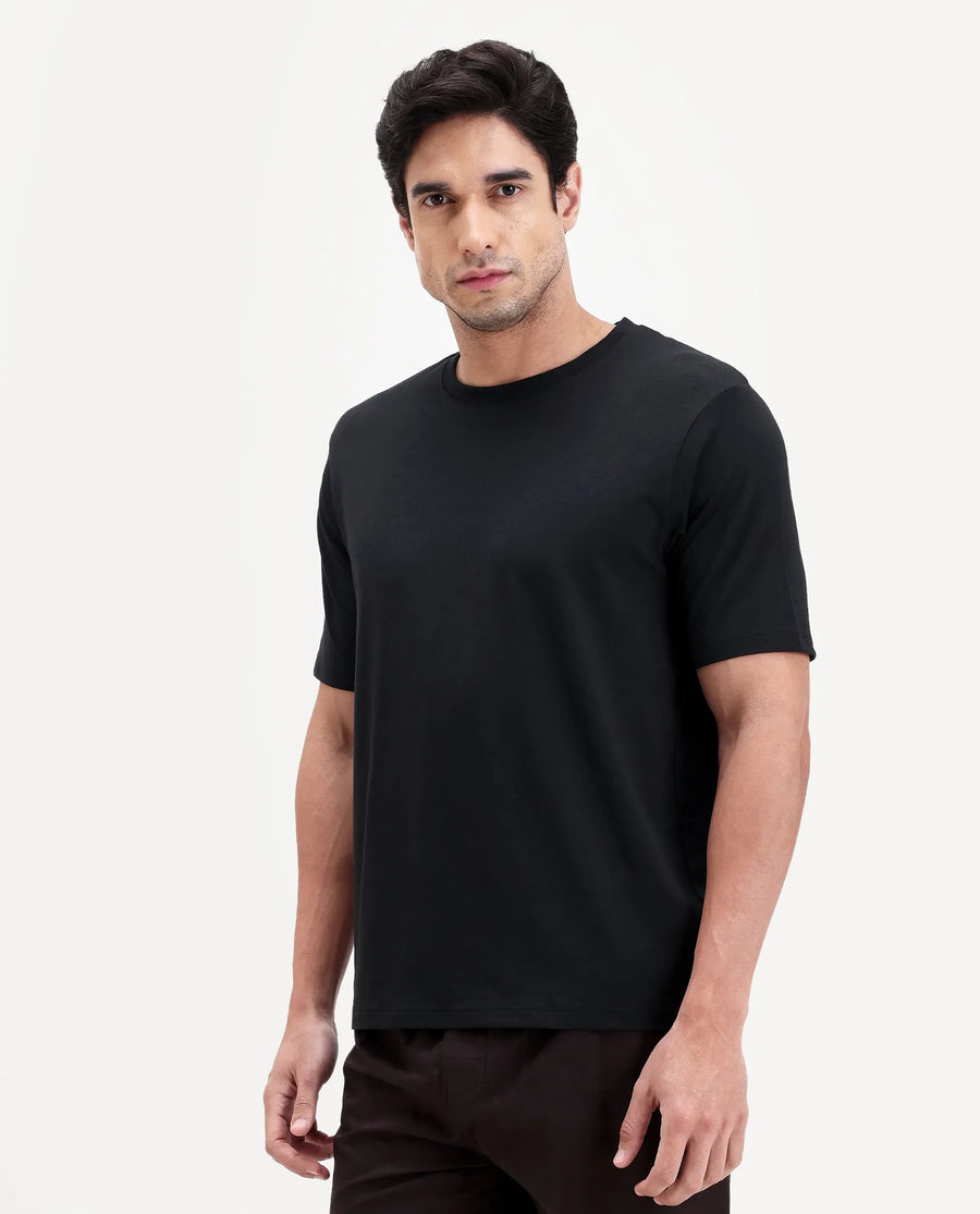Rare Rabbit Men's Vaux Black Cotton Modal Spandex Half Sleeve Regular Fit Plain T-Shirt