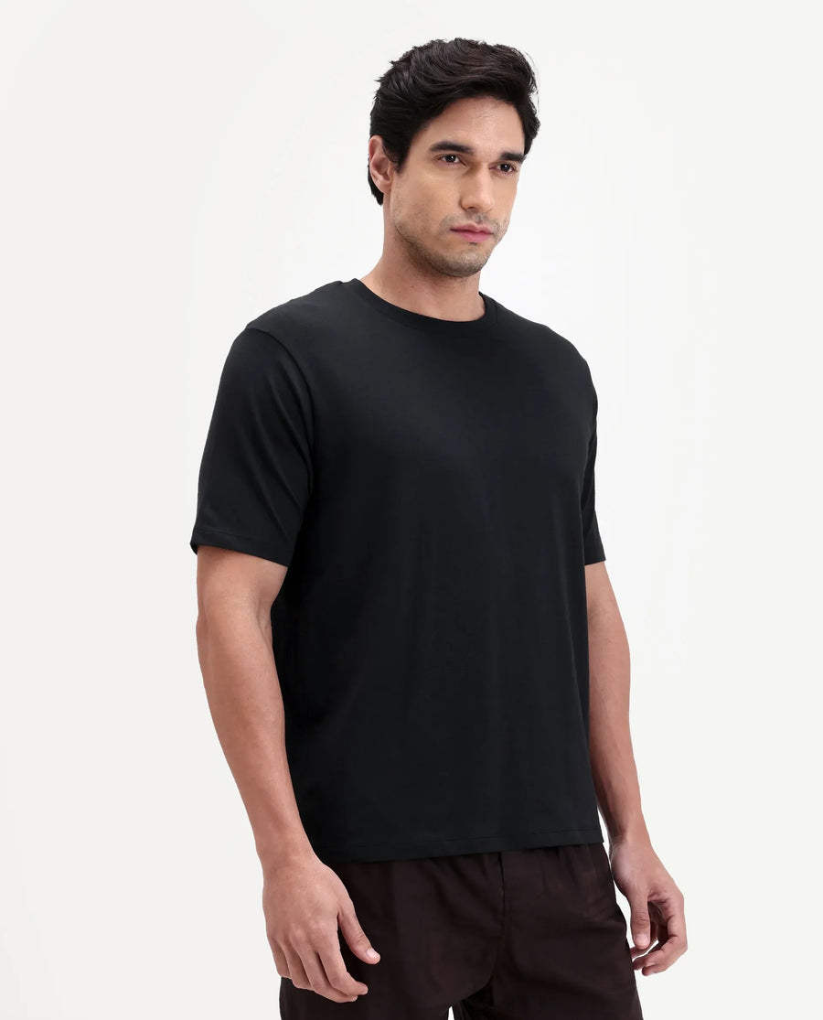 Rare Rabbit Men's Vaux Black Cotton Modal Spandex Half Sleeve Regular Fit Plain T-Shirt